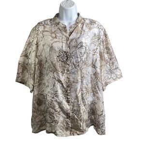 Chico's Women's Beige Silk Floral Button Down Shirt Size 2 Large Flowy Lagenlook